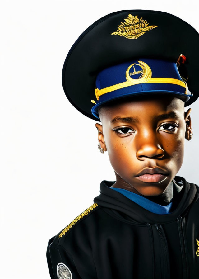 Digital artwork: Boy in decorated uniform and cap with solemn expression on white background