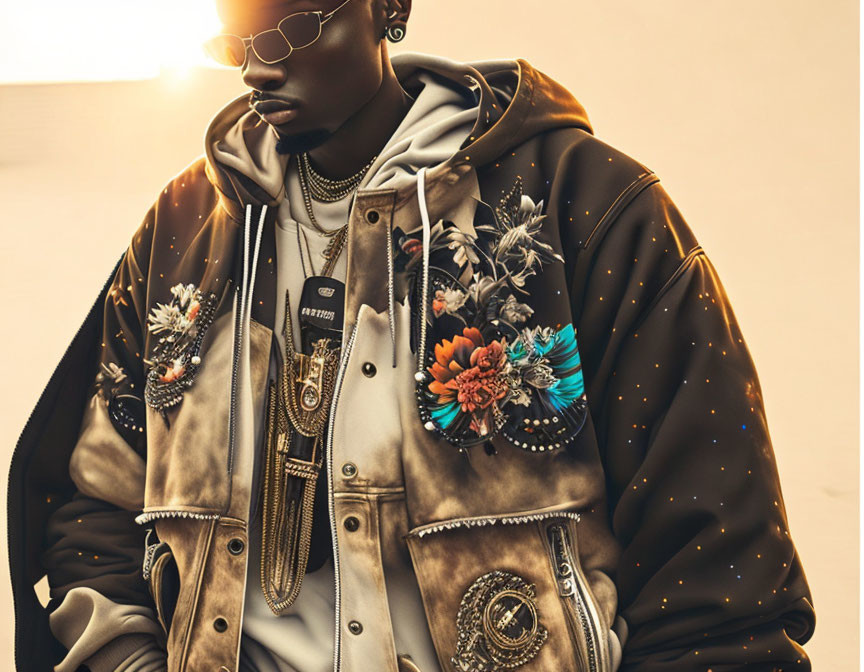 Stylish person in floral jacket with sunglasses and necklaces