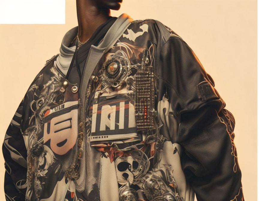 Graphic Print Bomber Jacket with Patches on Beige Background