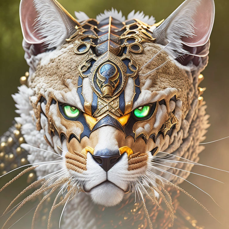 Digital artwork: Tiger head with tribal armor & green eyes