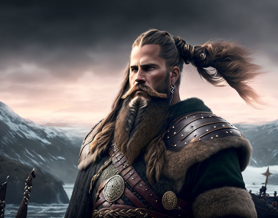 Illustration of Viking warrior with braided beard against snowy mountains and longships