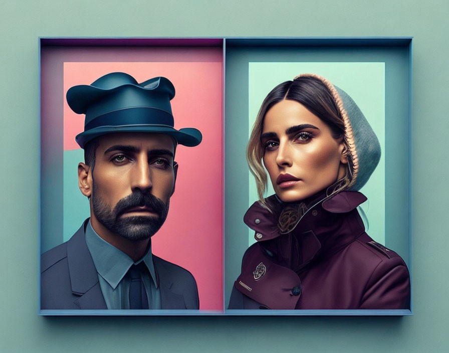 Stylized split-frame portrait of man and woman in dramatic lighting, man in blue cap and suit