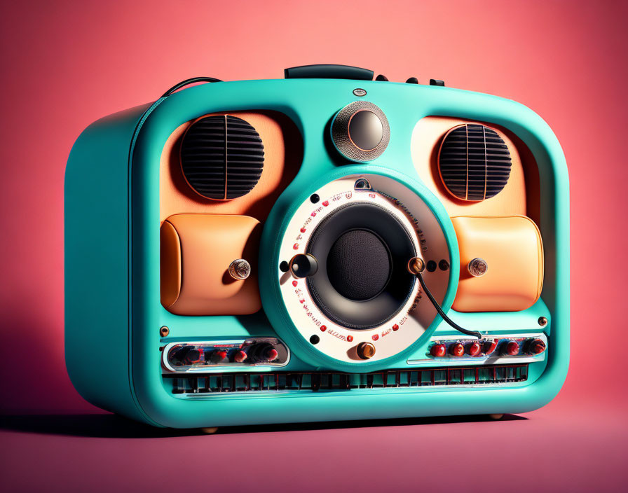 Vintage Teal Radio with Large Speaker on Pink Background