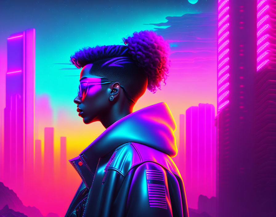 Futuristic digital artwork of woman with neon-lit sunglasses in vibrant cityscape