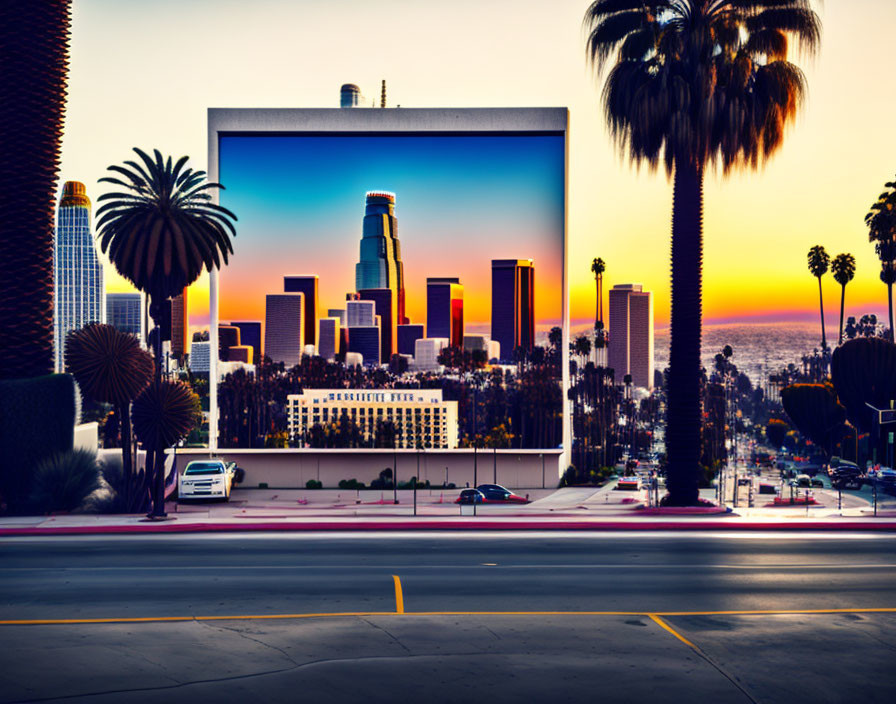 Cityscape billboard blends with Los Angeles skyline at sunset, palm trees and gradient sky.