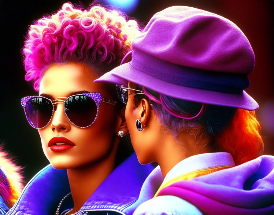 Stylized women with vibrant hair and sunglasses in colorful jackets and hats