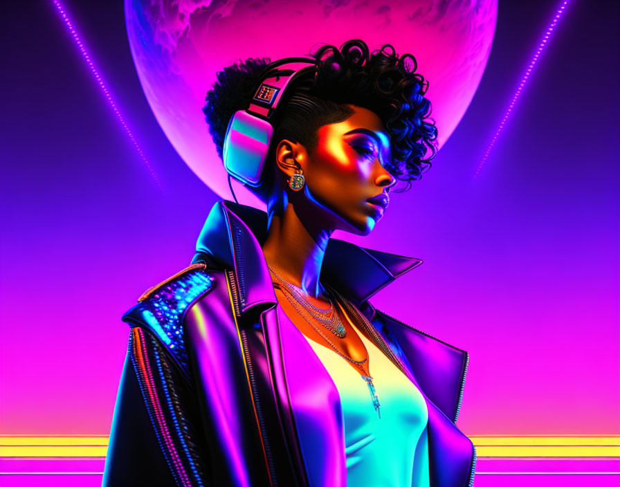 Digital portrait of a woman with headphones in neon-lit setting