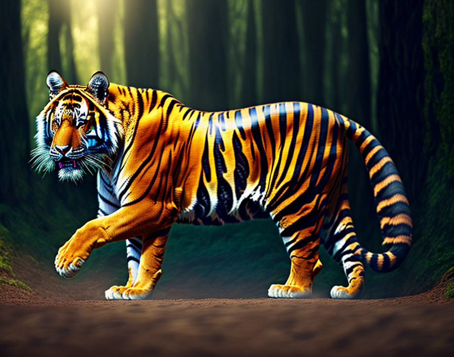 Majestic tiger in sunlit forest with orange and black stripes