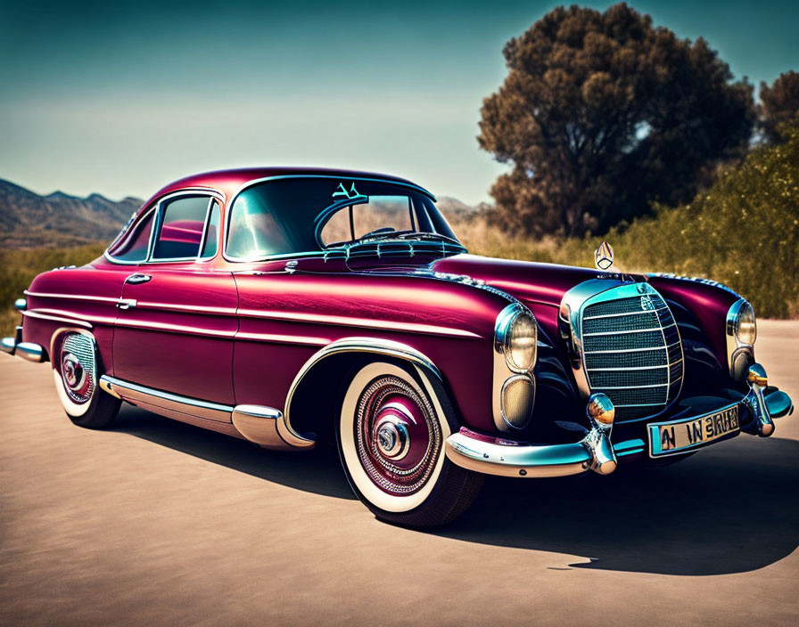 Vintage Maroon Car with White-Wall Tires and Chrome Details