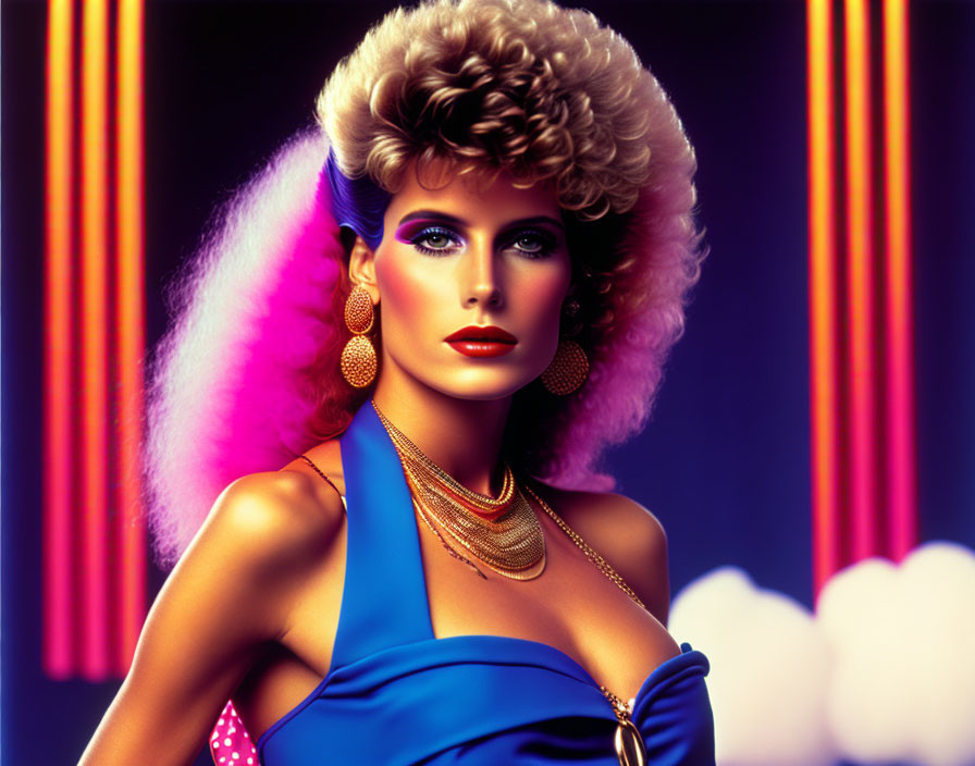 Blonde woman with 80s-style makeup and gold jewelry on neon-lit backdrop