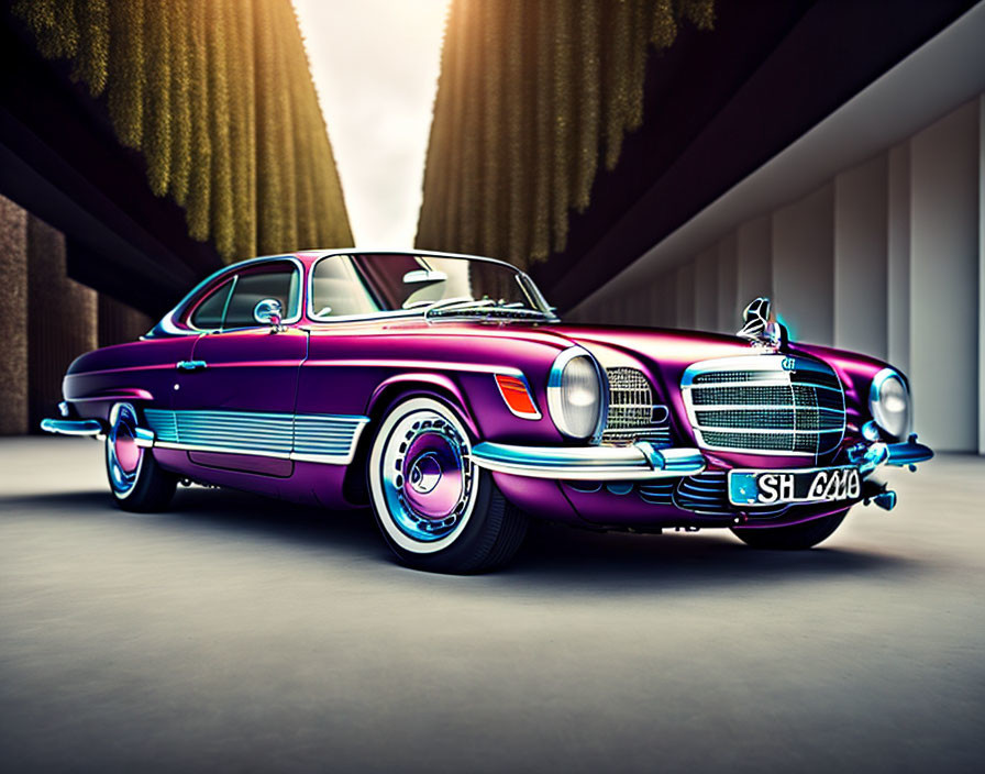 Shiny purple classic car with chrome details in modern setting