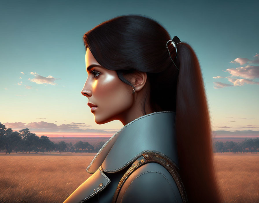 Profile View Digital Portrait of Woman with Long Hair Against Sunset Landscape