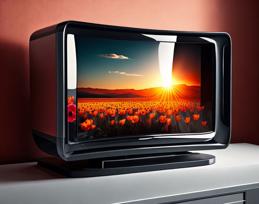 Vibrant sunset over red tulip field on modern TV