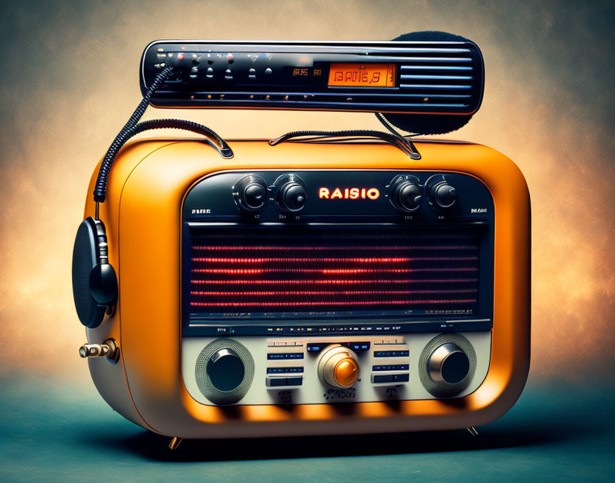 Vintage-Style Orange Radio with Digital Display on Blue Background