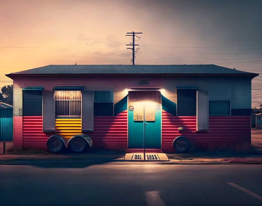 Colorful Retro Corrugated Iron House at Dusk