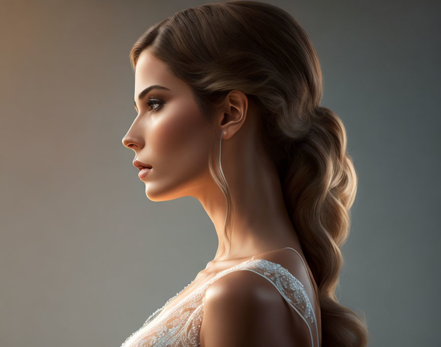 Woman in Elegant Hairstyle and White Lace Dress on Neutral Background