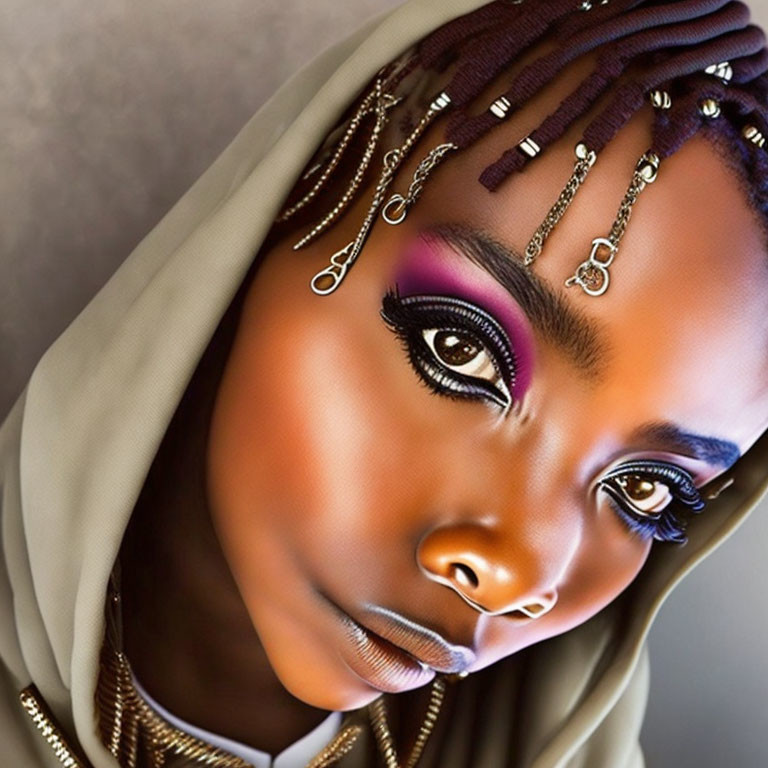 Close-up of woman with purple eyeshadow and headscarf jewelry