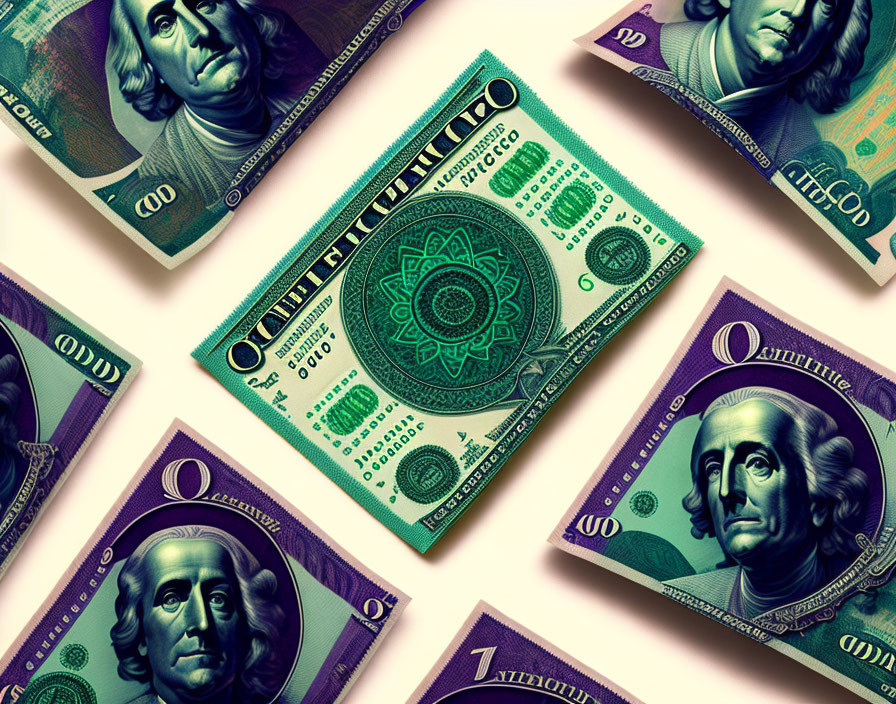 Various U.S. dollar bills featuring dominant one hundred dollar bills and a central mandala design.