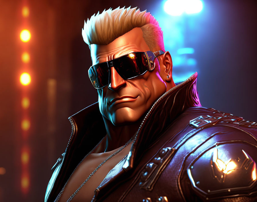 Stylized 3D character with mohawk and sunglasses in leather jacket on neon-lit