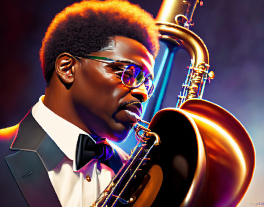 Stylish man with glasses and afro playing saxophone in formal suit