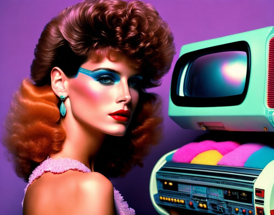 Voluminous hair and vibrant 1980s makeup next to retro TV on purple background