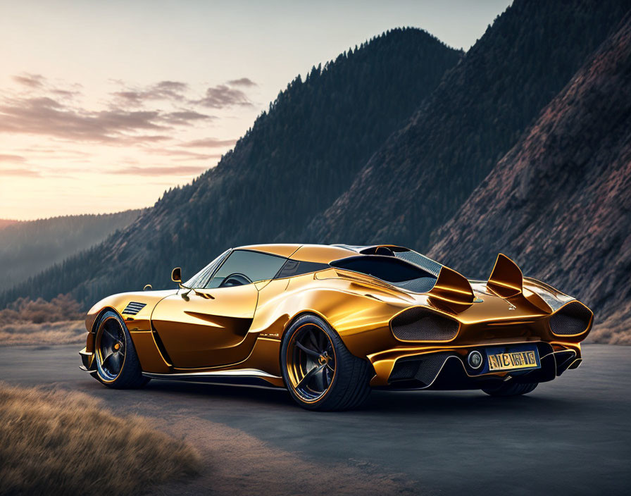 Luxurious Gold Sports Car on Mountain Road at Dusk