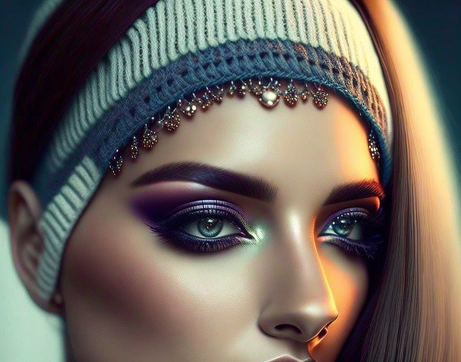 Woman with Striking Makeup and Bejeweled Headband Casting Subtle Gaze