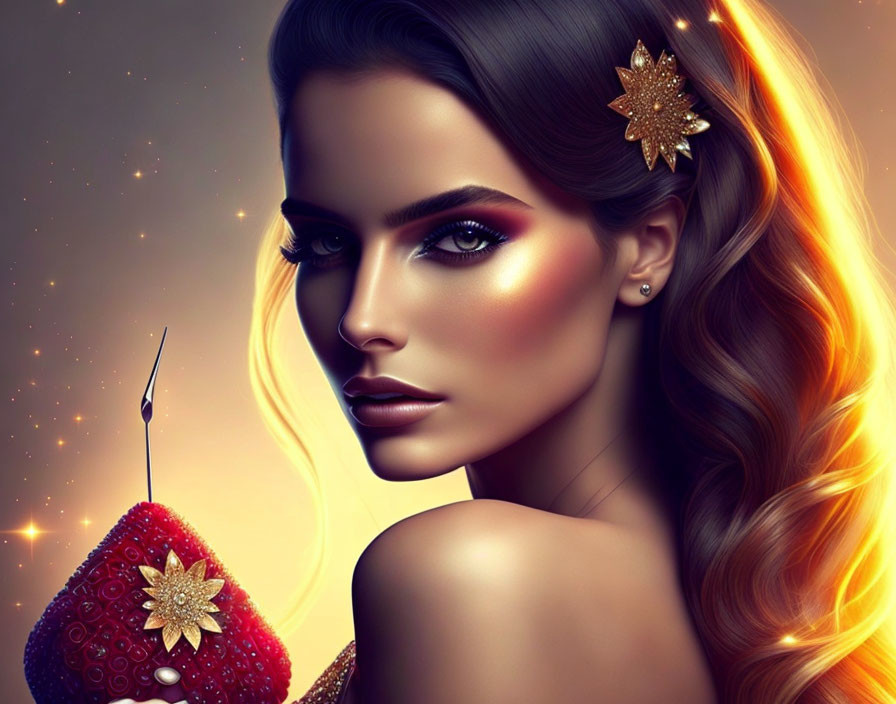 Colorful digital artwork: Woman with glowing skin, gold hair accessories, red ornament