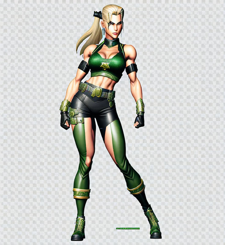 Female video game character in green and black outfit with gold accents