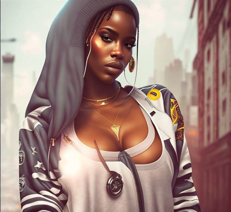 Digital art portrait of a woman in striking makeup, hoodie, and accessories against urban backdrop