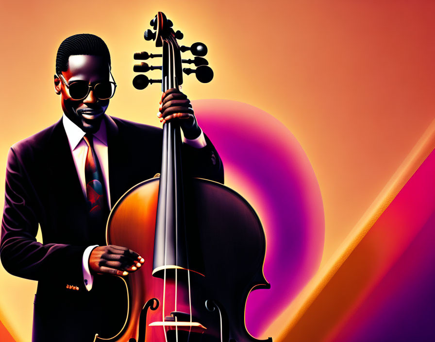 Man in Sunglasses Holding Cello on Colorful Background