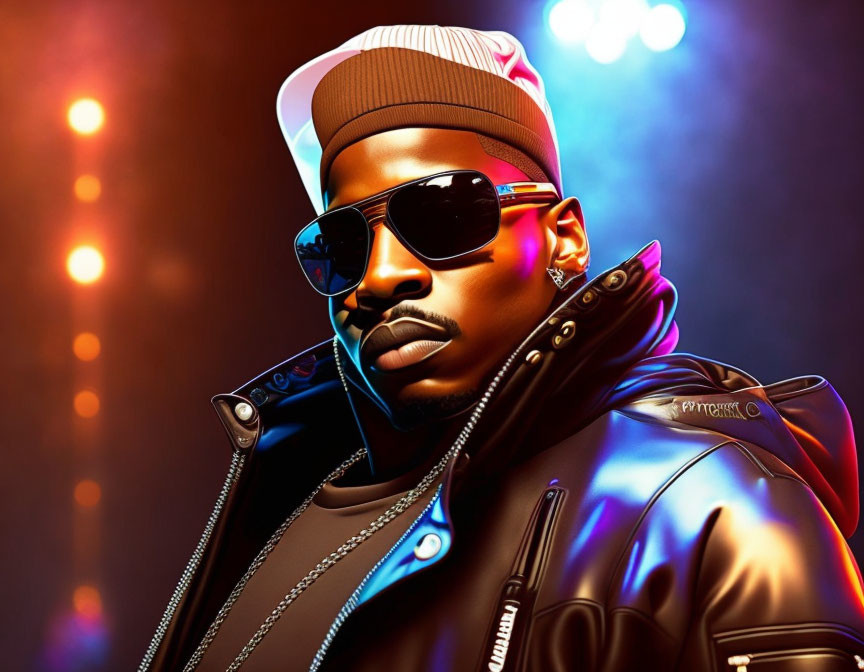 Stylized digital artwork of a man in sunglasses, cap, and leather jacket