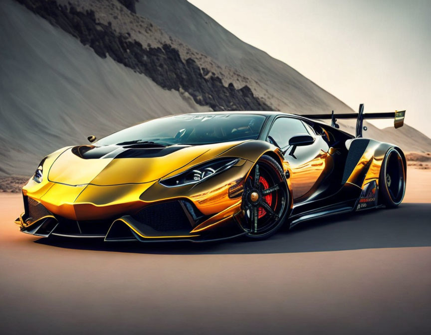 Black and Gold Racing Car with Aerodynamic Design and Large Rear Wing parked beside Sand Dune