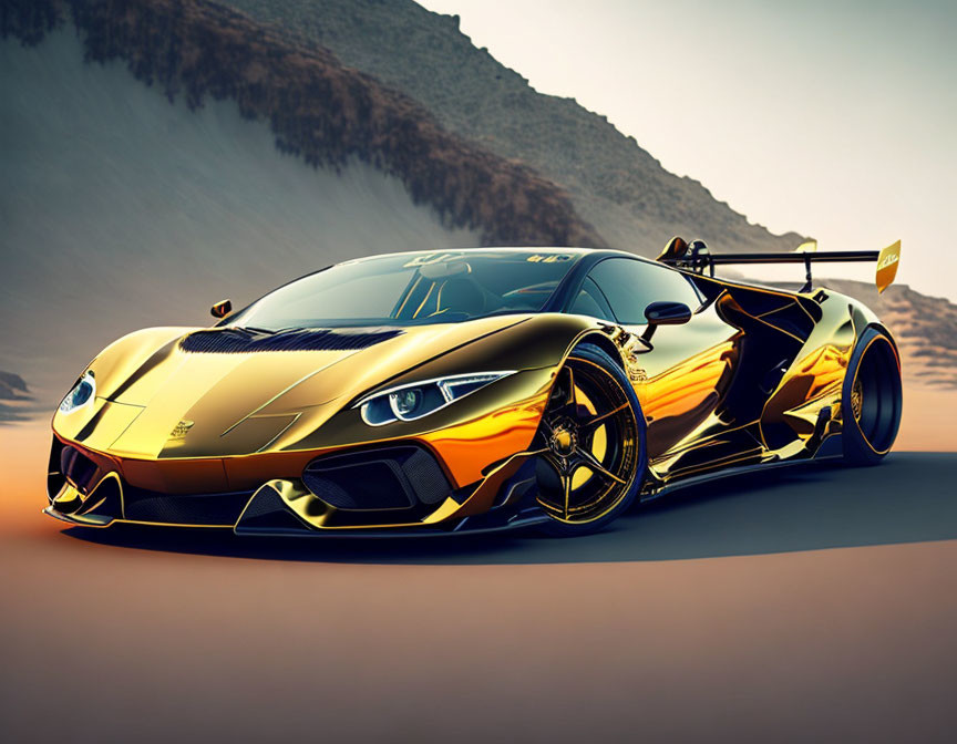 Golden and Black Sports Car with Rear Wing on Smooth Surface at Dusk