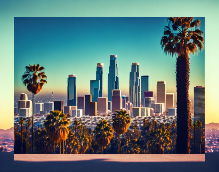 City skyline at sunset with skyscrapers, palm trees, mountains, and colorful sky.