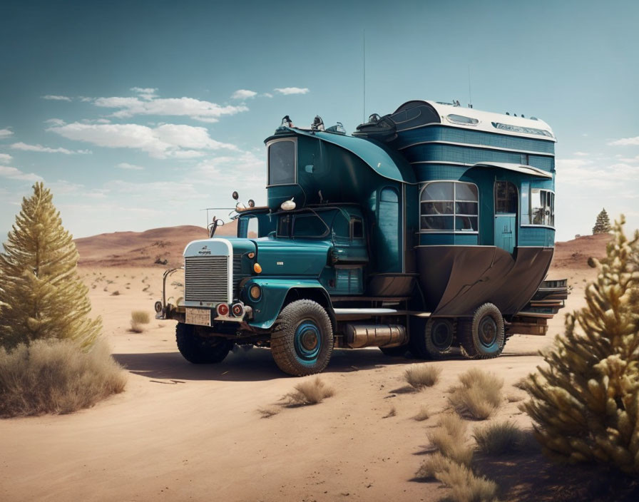 Vintage Blue Truck Camper in Desert Landscape