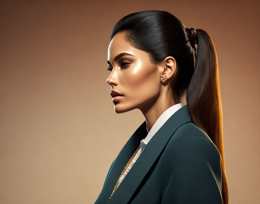 Profile view of woman with sleek ponytail, dark blazer, and gold jewelry on beige background