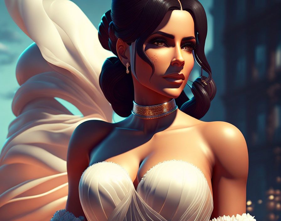 Stylized woman with angel wings in elegant attire against urban backdrop