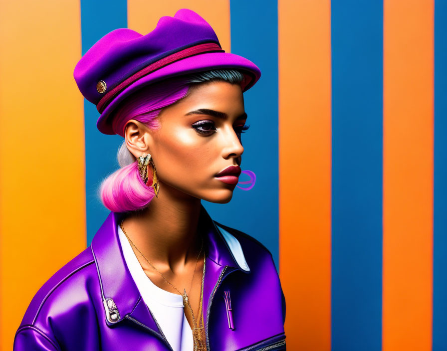 Pink-haired woman in purple hat on blue and orange striped backdrop