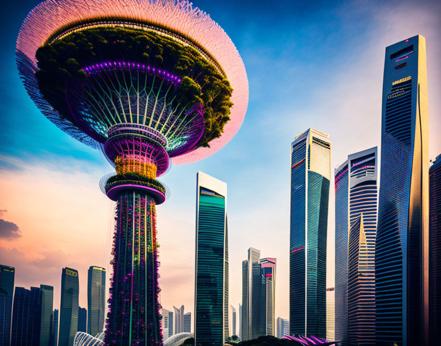 Futuristic cityscape at dusk with unique tree-like structure and vibrant sky