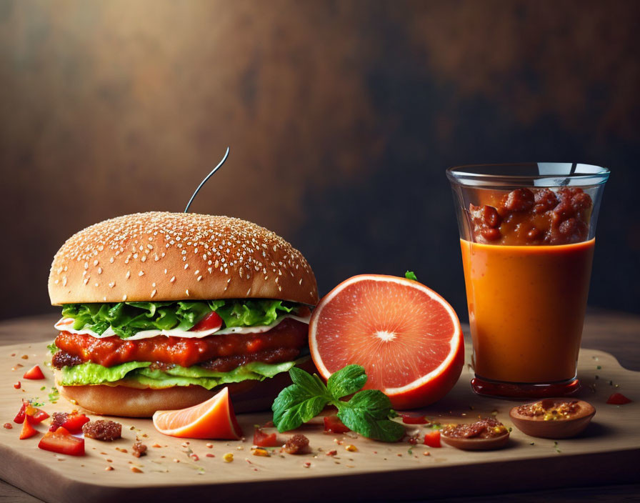 Fresh hamburger with lettuce and tomatoes next to smoothie, grapefruit, and mint on wooden board.