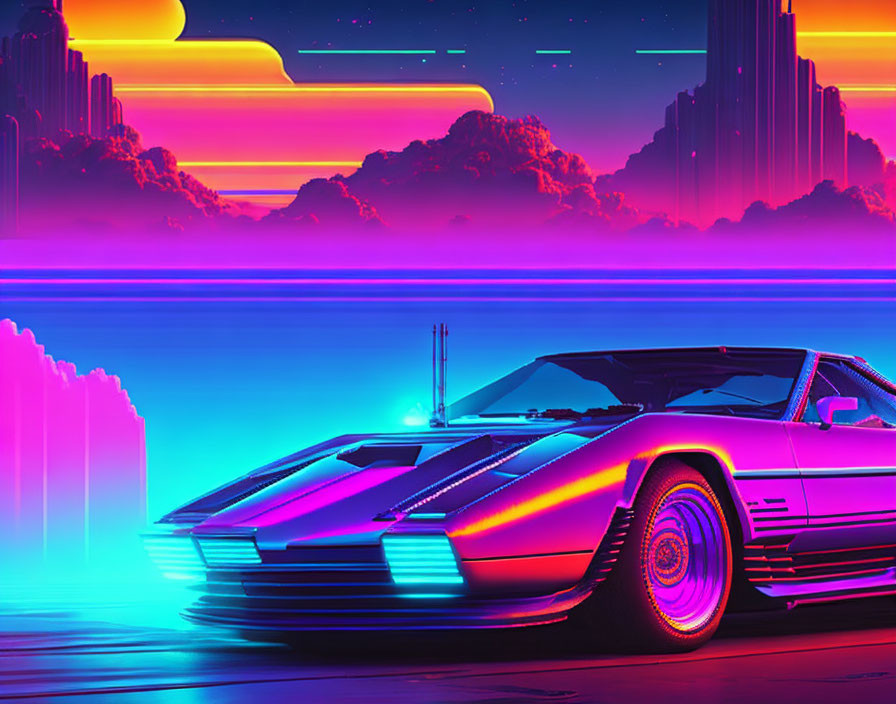 Retro-futuristic neon sports car illustration with geometric sunset vibes