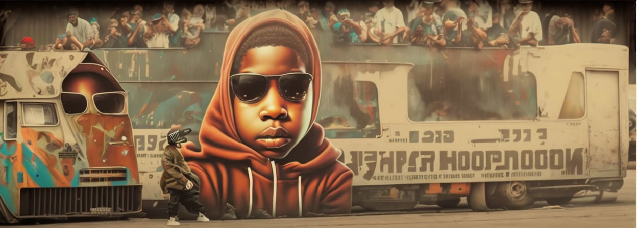 Stylized child with sunglasses and hoodie mural on urban wall.