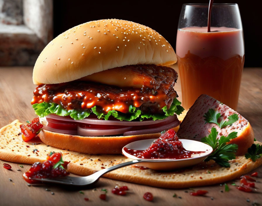 Delicious Burger with Lettuce, Tomato, Sauce, Tomato Juice, and Bread Slices