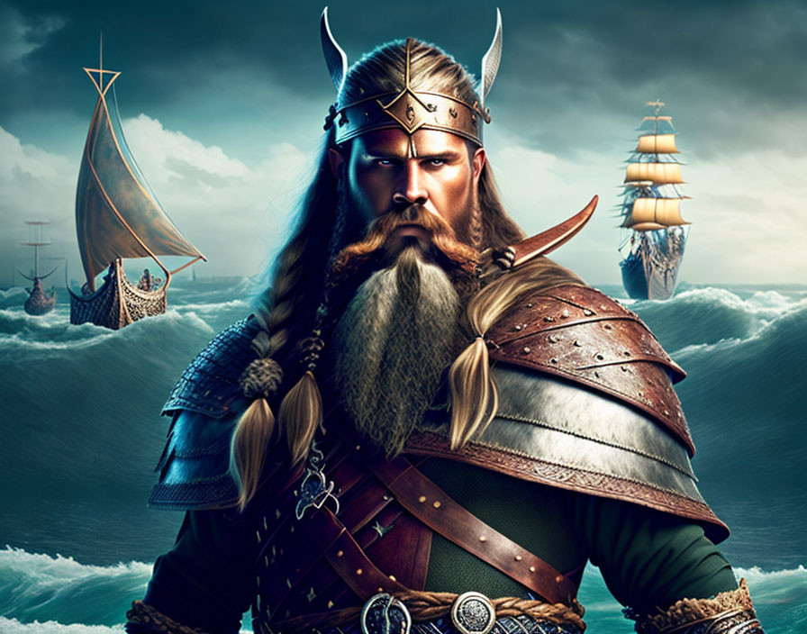 Digital illustration: Viking warrior in helmet and armor by stormy sea