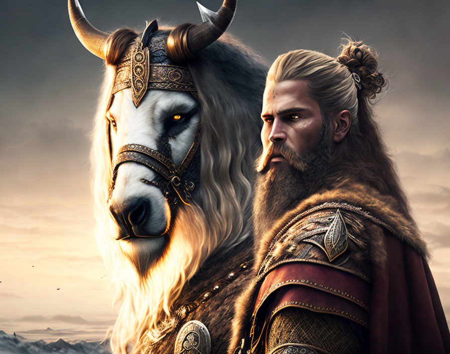 Digital Artwork: Noble warrior with blonde beard and armored white ox in dramatic dusk sky