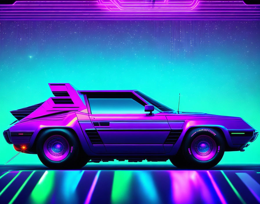 Retro-futuristic car with neon lights under starry sky on glowing grid floor