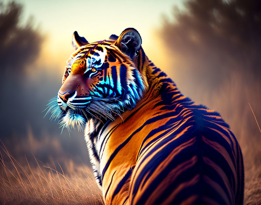 Majestic tiger with vibrant orange and black stripes in sunset light