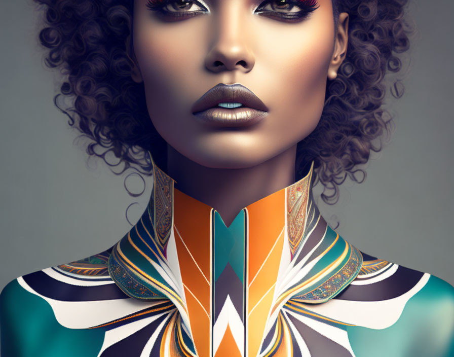 Voluminous curly hair and bold makeup on woman in high-collar top with geometric pattern