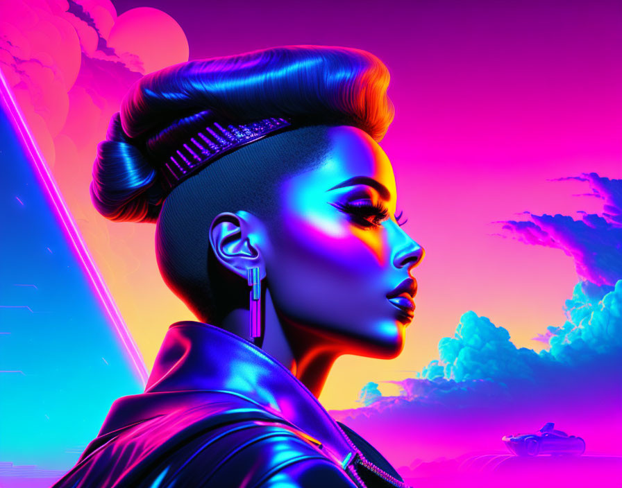 Colorful digital artwork of woman with intricate hairstyle and futuristic elements.